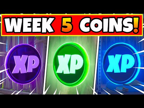 Fortnite Week 5 XP COINS LOCATIONS Guide! ALL Coins: Gold, Purple, Green, Blue Tutorial