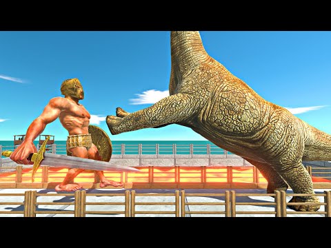 Ancient Humans vs Herbivore Dinosaurs on Small Lava Bridge - Animal Revolt Battle Simulator