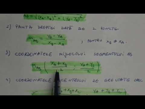 Geometrie. Formule pentru distanta, ecuatia dreptei, panta, centru de greutate. Probleme rezolvate.