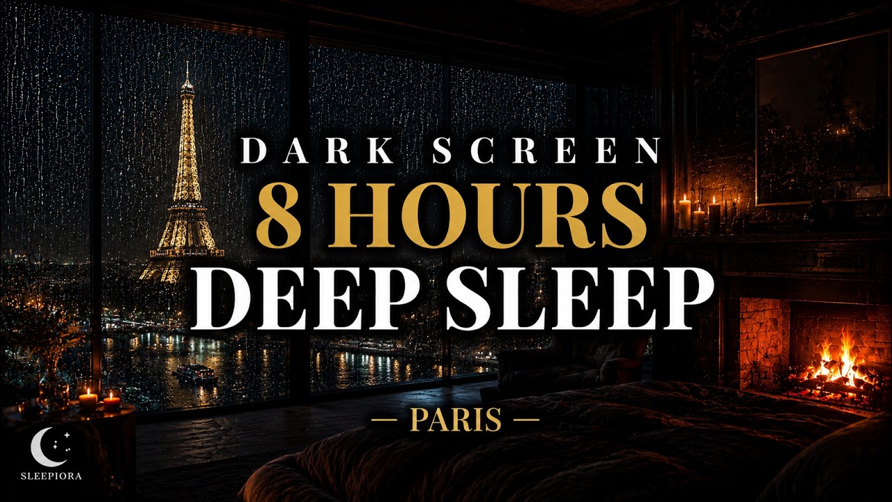 Dark Screen Rain & Fireplace — Paris Night | 8 Hours | No Ads