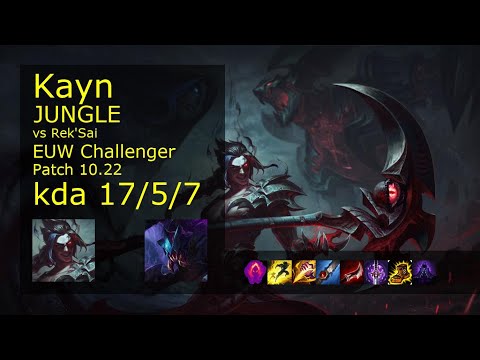 Kayn Jungle vs Rek'Sai - EUW Challenger 17/5/7 Patch 10.22 Gameplay