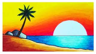 Download lagu Gambar Pemandangan | Cara Menggambar Pemandangan Sunset di Pantai Dengan Oil Pastel mp3