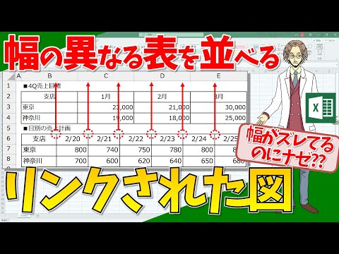 【エクセル】セル幅の異なる表を並べて表示する！リンクされた図を活用！(超わかりやすいエクセルEXCEL講座)