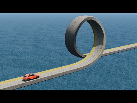 Weird Impossible Loop Bridge Crossing Cars Vs Deep Water - BeamNG.Drive