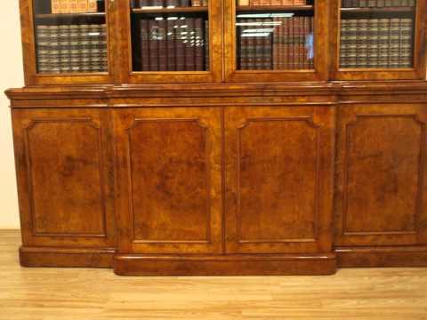 Victorian Period Burr Walnut Breakfront Bookcase