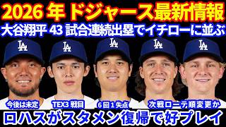【スタメン復帰】2026年ドジャース最新情報‼️ 大谷翔平 43試合連続出塁でイチローに並ぶ 投げては6回1失点👏 ロハス 前日に父が亡くなるもスタメン復帰で好プレイ魅せる⚾️試合は敗戦で連勝ストップ