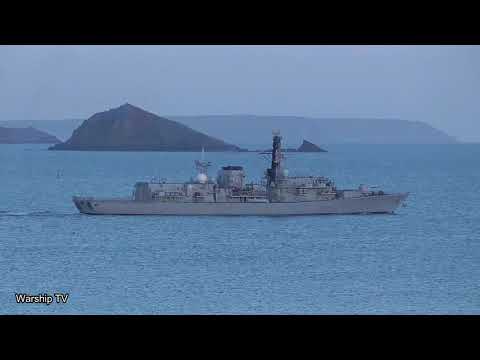 HMS KENT F78 PASSES THE BREAKWATER IN PLYMOUTH SOUND VIEWED FROM CAWSAND FORT - 24th March 2021