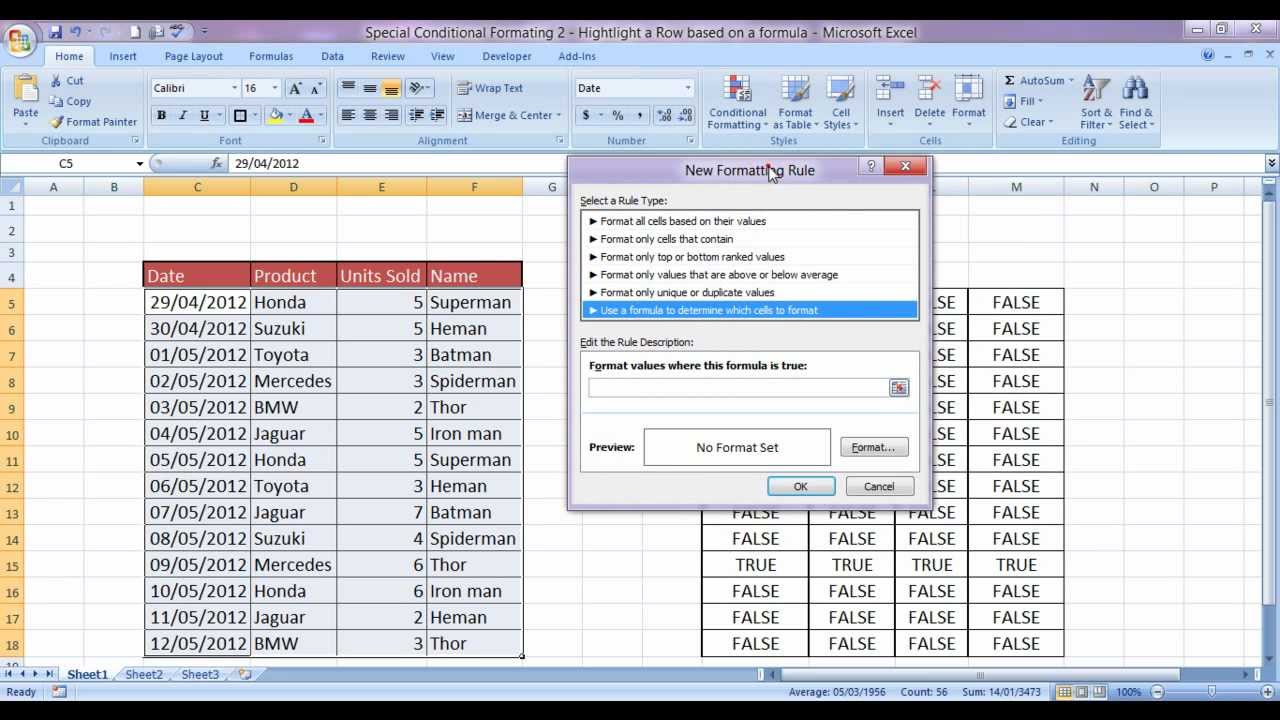 Color Row in Excel with Conditional Formatting