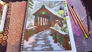 Part 2 ✨ Cozy Christmas Coloring With Me | Relaxing Grayscale of a Snow Covered Bridge ✨