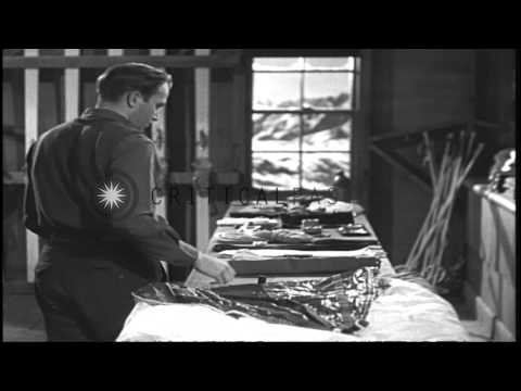 Ski equipment carried by each ski trooper displayed on a table in the United Stat...HD Stock Footage