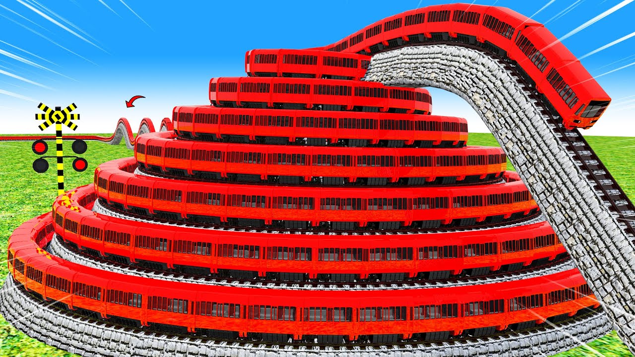 【踏切アニメ】非常に長い新幹線が曲がりくねったらせん状に走り、高山を登ります🚆踏切 Train Climbing Pyramid Railroad Crossing Animation 3D #1