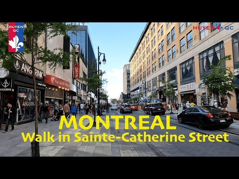 4K andando no centro de Montreal - Sainte-Catherine Street | Verão no Canadá