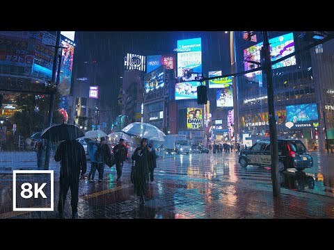 2-HOUR Rainy Night Walk in Shibuya, Tokyo / 8K 60fps / Calm Piano