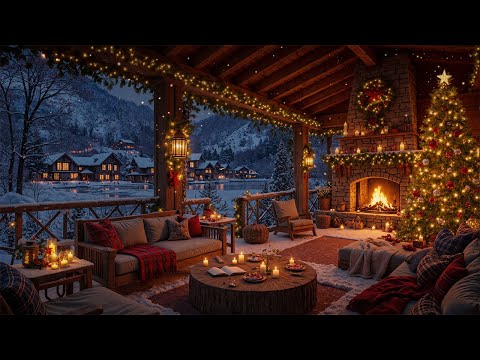 Christmas Jazz Music with Slow Snowfall 🎄 Cozy Porch Ambience & Warm Fireplace Sounds for Relaxation