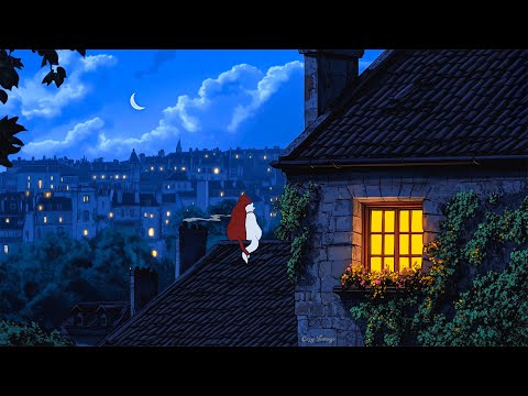 romantic night 1930's rooftop with Oldies playing in another room