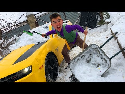 Janitor Red Man with A LOT OF Snow VS Mr. Joe on Chevy Camaro in Funny Race for Kids Video