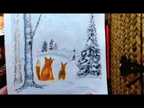 How to paint a Snowy Winter Scene with forest animals in watercolours. Easy Christmas card.