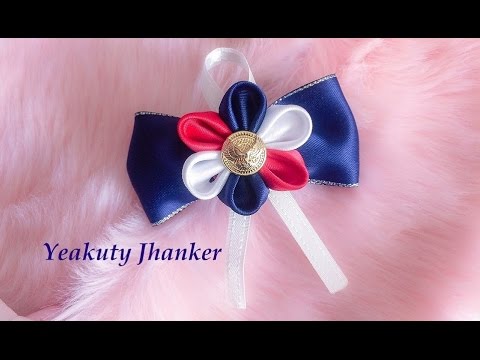 DIY: Kanzashi ribbon flower on a bow (Hair clip/Brooch)