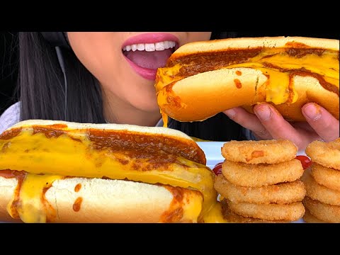 ASMR CHEESY Chili Cheese Hot Dog + Onion Rings *7-Eleven* | ASMR Phan