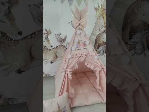 Вигвам для девочки "Цветные Единороги" на пудровом цвете, полный комплект детского домика для игр - фото 1 - id-p2570345715