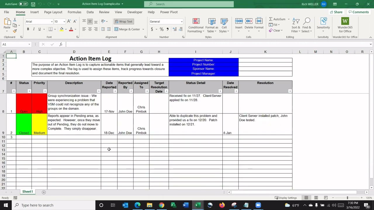 Action Items Log Template
