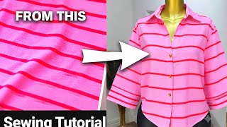 DIY;How To Cut And Sew The Trendy Striped Baggy  Shirt With V_ Neckline For Beginners 