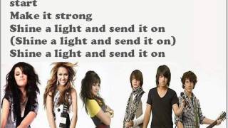 miley cyrus, demi lovato, selena gomez, jonas brothers - send it on lyrics on the screen