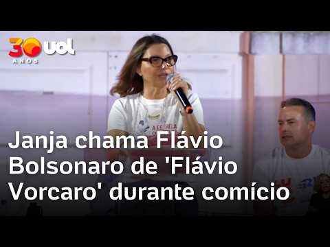 Janja chama Flávio Bolsonaro de ‘Flávio Vorcaro’ durante comício em Alagoas