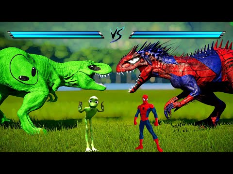 Green Alien Tyrannosaurus Rex, Spiderman Indominus Rex, Captain America Spinosaurus Fighting in JWE