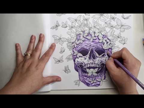 Colouring a skull and butterflies with Prismacolor Premier pencils; tutorial and chat (time lapse).
