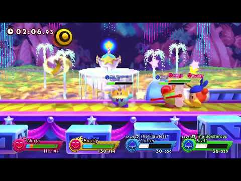 Kirby Fighters 2 gameplay: Ninja Kirby and Bandana Waddle Dee vs Staff Kirby and Cutter Kirby