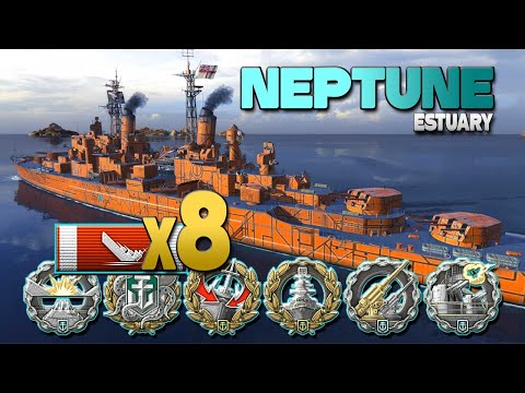Cruiser Neptune on map Estuary, 8 ships destroyed - World of Warships
