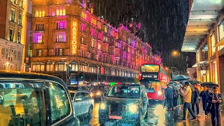 Rainy London Autumn Walk 2025 🍁 Chelsea to Knightsbridge, Harrods Diwali Light Display | 4K HDR