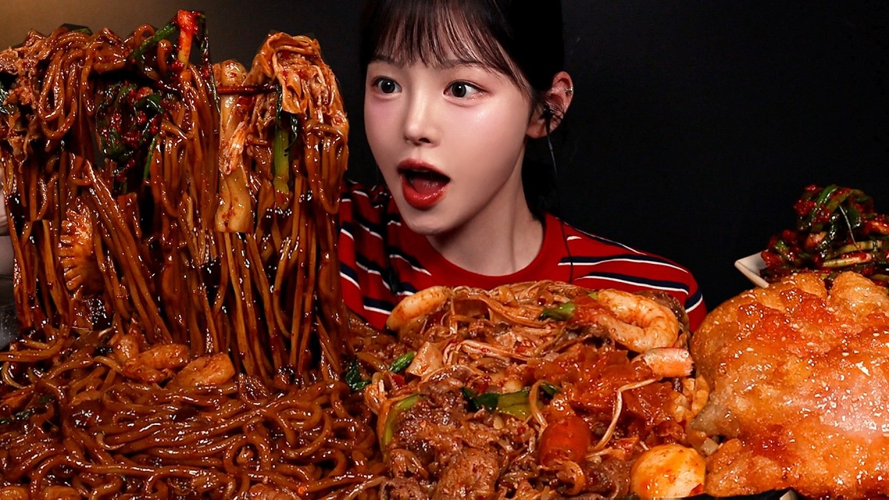 SUB)매콤얼얼 마라샹궈에 짜장면 먹방! 꿔바로우까지 쟁반짜장 꿀조합 Jjajangmyeon Mukbang Asmr