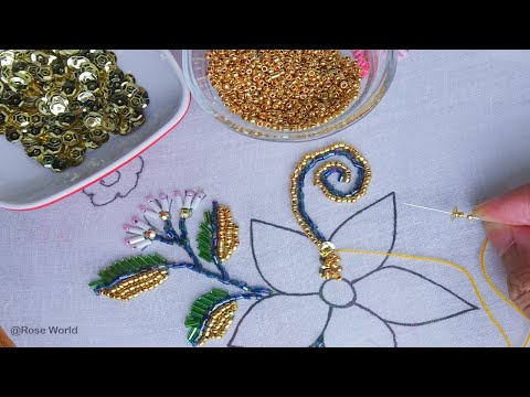 Amazing beaded hand embroidery flower design with iron, glass beads & chumki  | Beads work tutorial