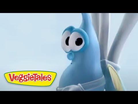 Blue VeggieTales character with big googly eyes against a pale sky, VeggieTales logo in the bottom-left corner.