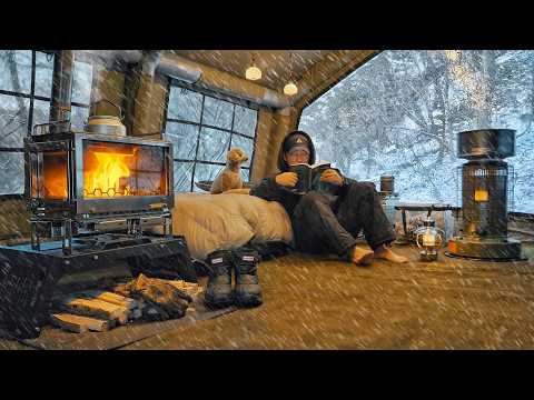 Camping in Snow with My Dog . 2-Room Inflatable Tent . Wood Stove ASMR