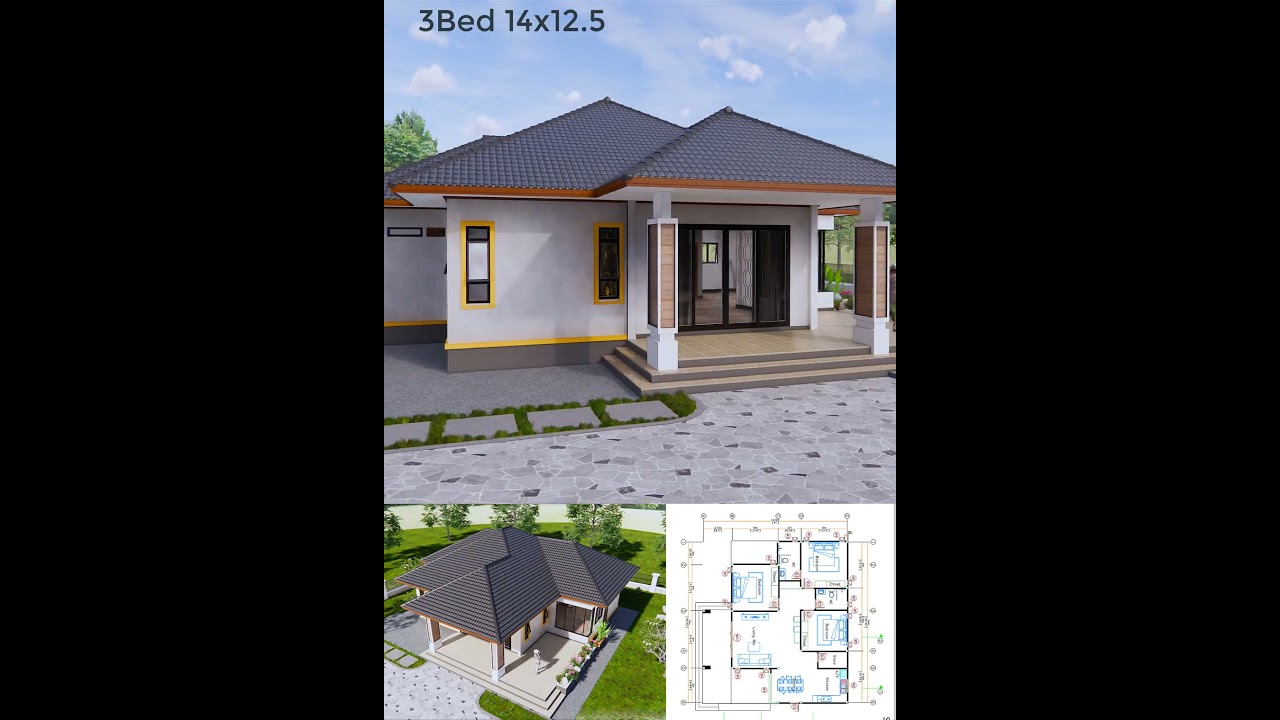 House Design 3d 14x12.5 Meter House Plans 46x41 Feet 3 Bedrooms Hip Roof