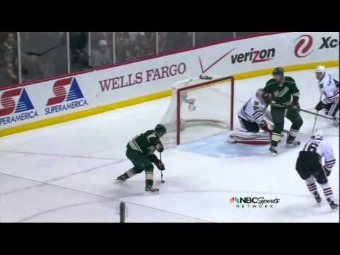 Corey Crawford robs Pierre-Marc Bouchard 30 Jan 2013 Chicago Blackhawks vs Minnesota Wild