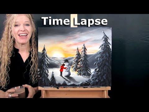 Learn How to Draw and Paint with Acrylics SUNSET SNOWMAN HUGS- Time Lapse Easy Beginner Art Tutorial