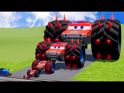 Big & Small McQueen Spiked Monster Trucks vs Deadly Trains | BeamNG.Drive