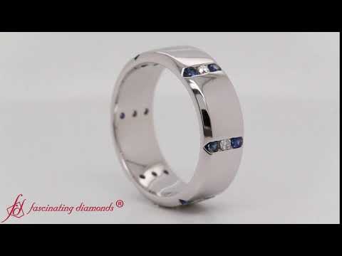 Channel Set 3 Stone Sapphire Mens Ring In 14K White Gold-FDM8113B
