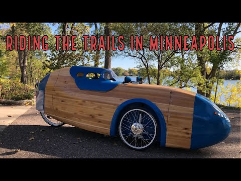 Riding the Minneapolis Trails in a cedar strip WAW velomobile