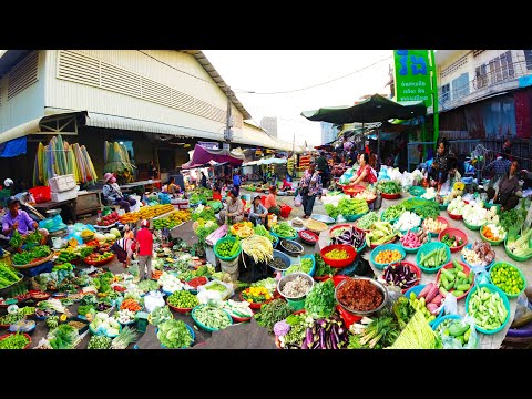 Morning Daily Lifestyle at Chbar Ampov Market Vendors Selling Food, Vegetables Street Market Scene