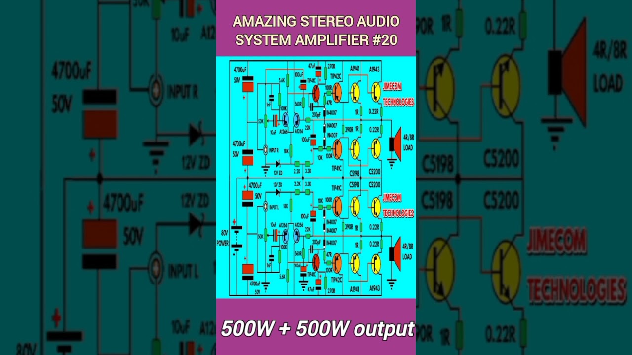 SIMPLE STEREO 500W + 500W AUDIO AMPLIFIER CIRCUIT DIAGRAM #circuitmaker #schematic  #circuitdesign