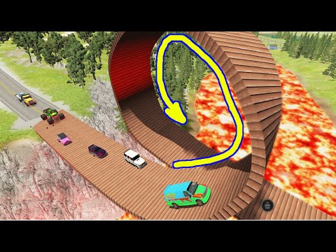 Super Cars vs Loop Bridge over Lava River - BeamNG Drive
