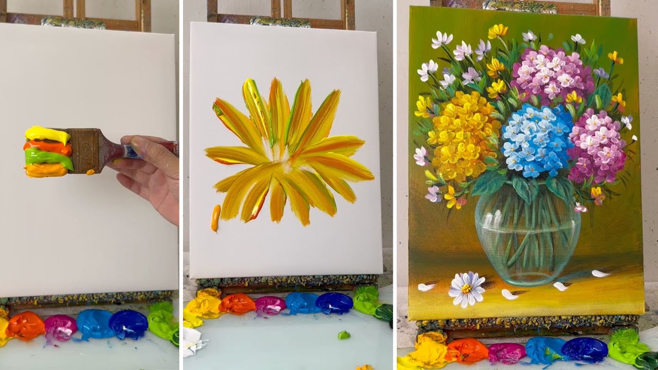 How to Paint a Hydrangeas Flower Vase | Easy Acrylic Flower Painting Tutorial #196