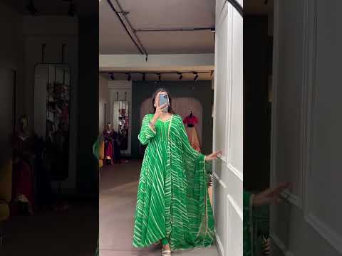 Green Leheriya Georgette Gown with Dupatta – Festive Elegance with Lace Touch-Up