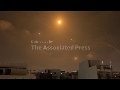 Interceptions overhead in Tel Aviv following an Iranian missile attack on Israel