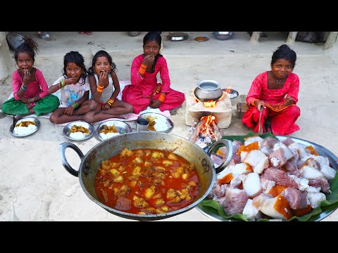 Santali Tribe Children Cooking Pork Curry For Their Village || Pork Curry Cooking By Santali Child